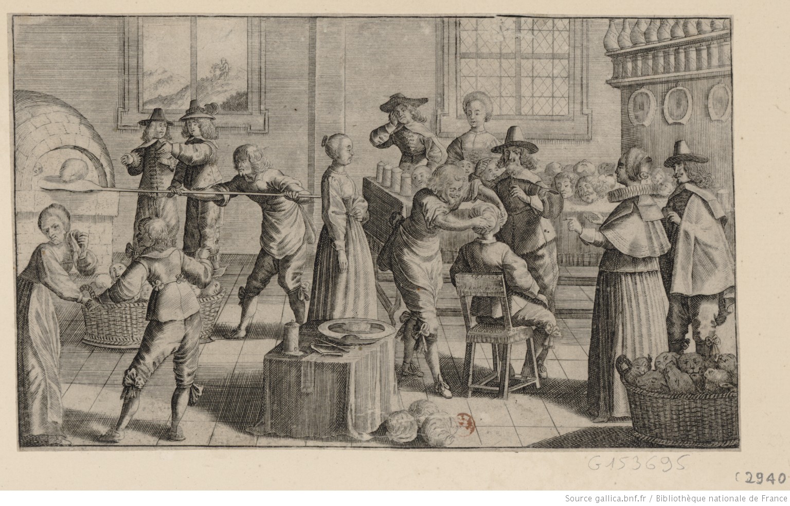 Men placing numerous heads in an oven
