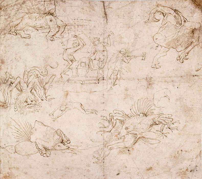 Infernal scene with anvil and monsters